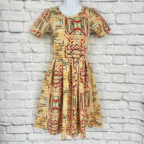 LuLaRoe Amelia Cream Multicolor A-Line Pleated Dress Size XS - Picture 1 of 7